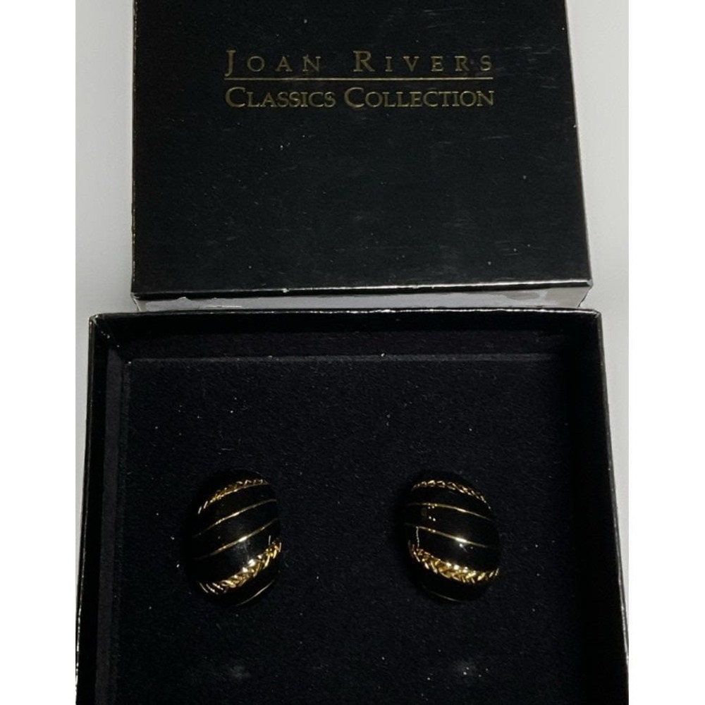 Vintage Joan Rivers Clip Earrings Black Enamel Goldtone Twist Detail Statement